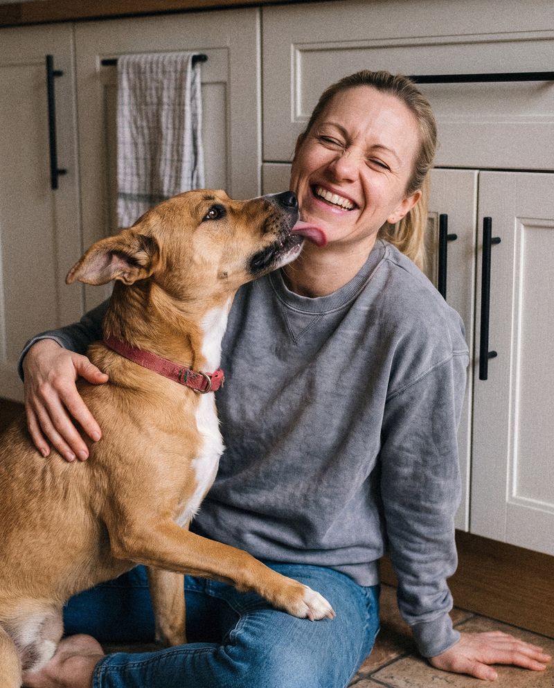 The house dog licking the face of a woman who is laughing on the kitchen floor