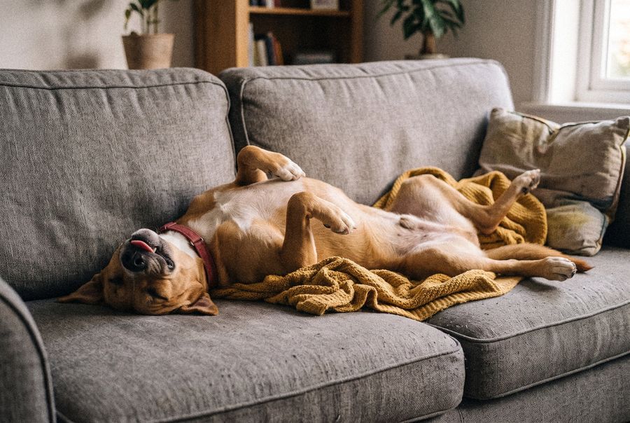 The house dog asleep upside down on a grey sofa, paws in the air