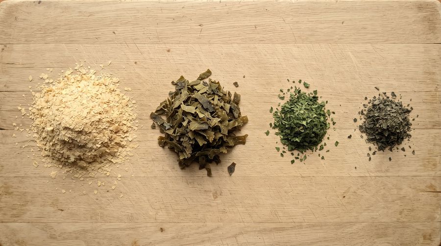 Four heaps on a wooden board, left to right: pale brewer's yeast, dark seaweed, green parsley and peppermint